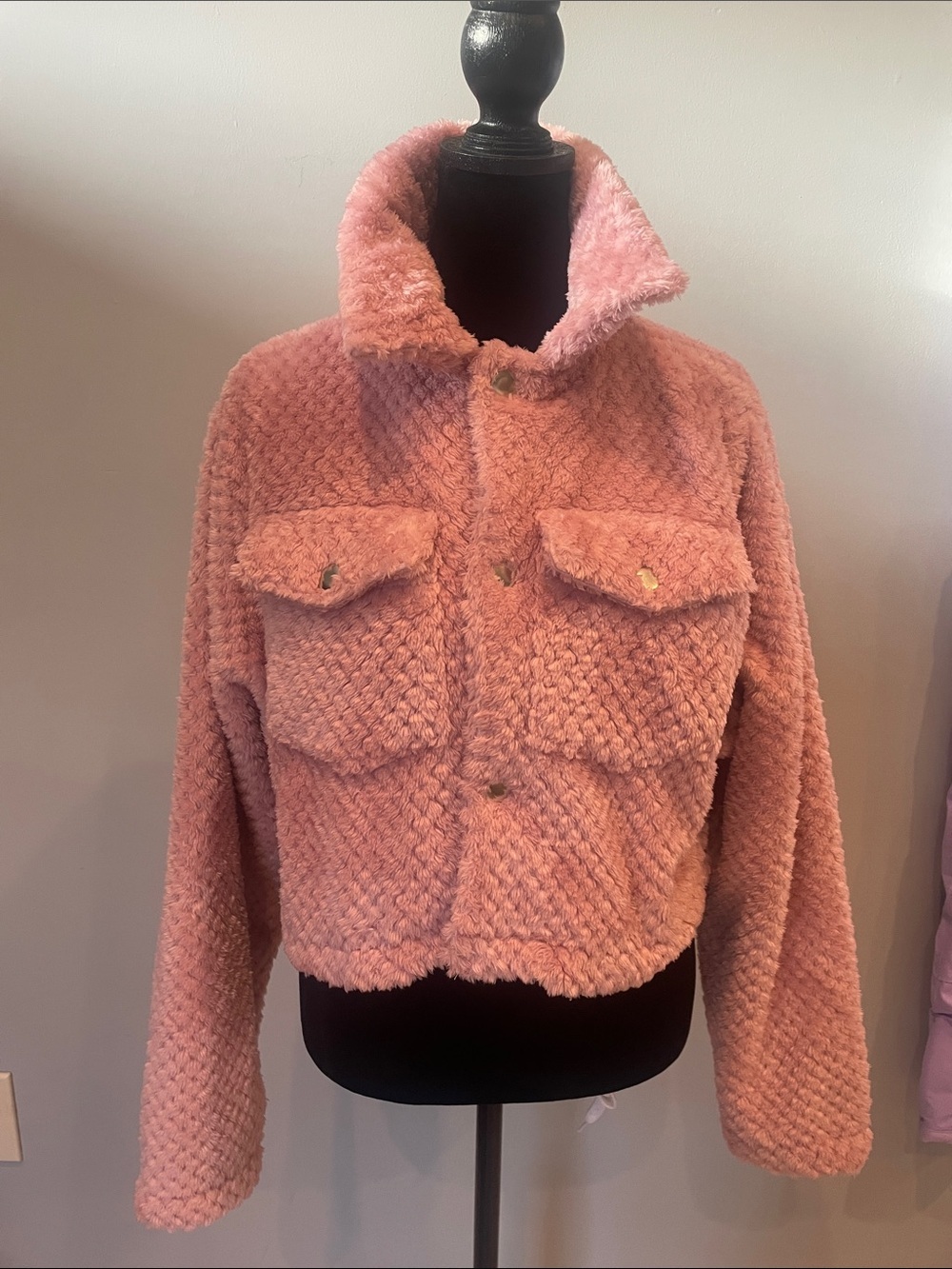 Women's Plush Rose Teddy Jacket with Front Pockets